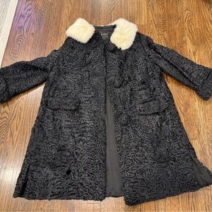 Capitol Fur Shop Black Persian Lamb with Mink Collar Coat Flaws See Measurements